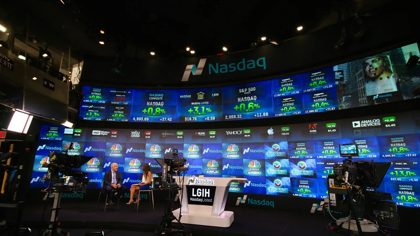 The video wall of market data inside the Nasdaq MarketSite studio in New York