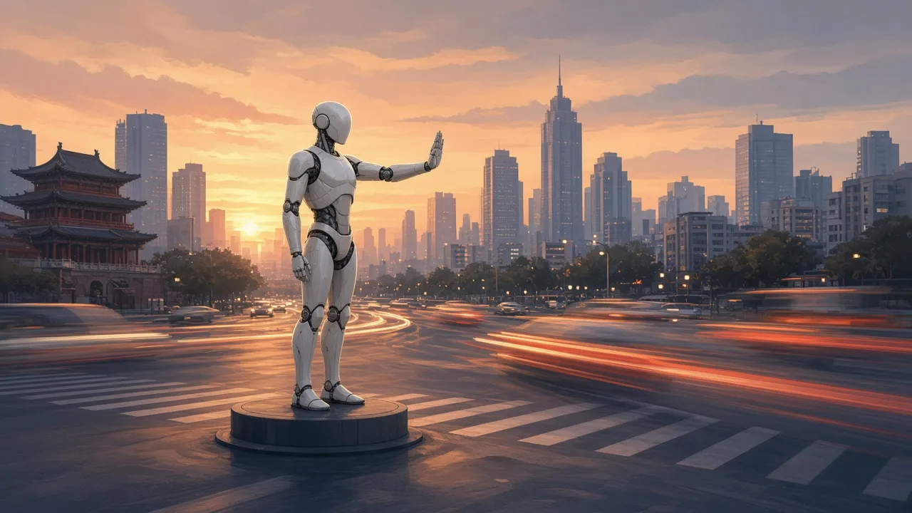 A white humanoid robot with an arm raised, directing traffic at a city intersection at sunset