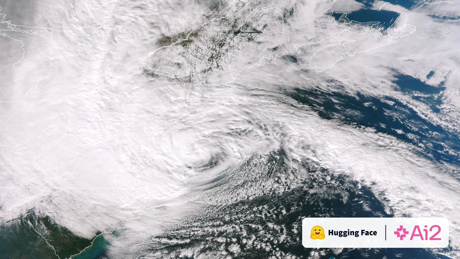 A GOES East satellite image of Hurricane Sandy off the US East Coast, with the Hugging Face and Ai2 logos
