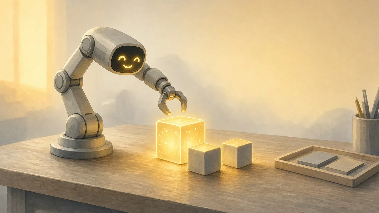 A small robotic arm stacking glowing cubes on a sunlit workbench