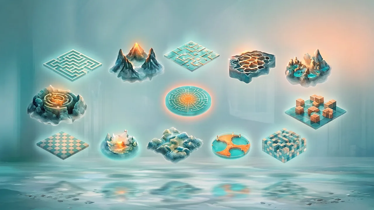 Many small floating 3D landscapes and game boards arranged over water