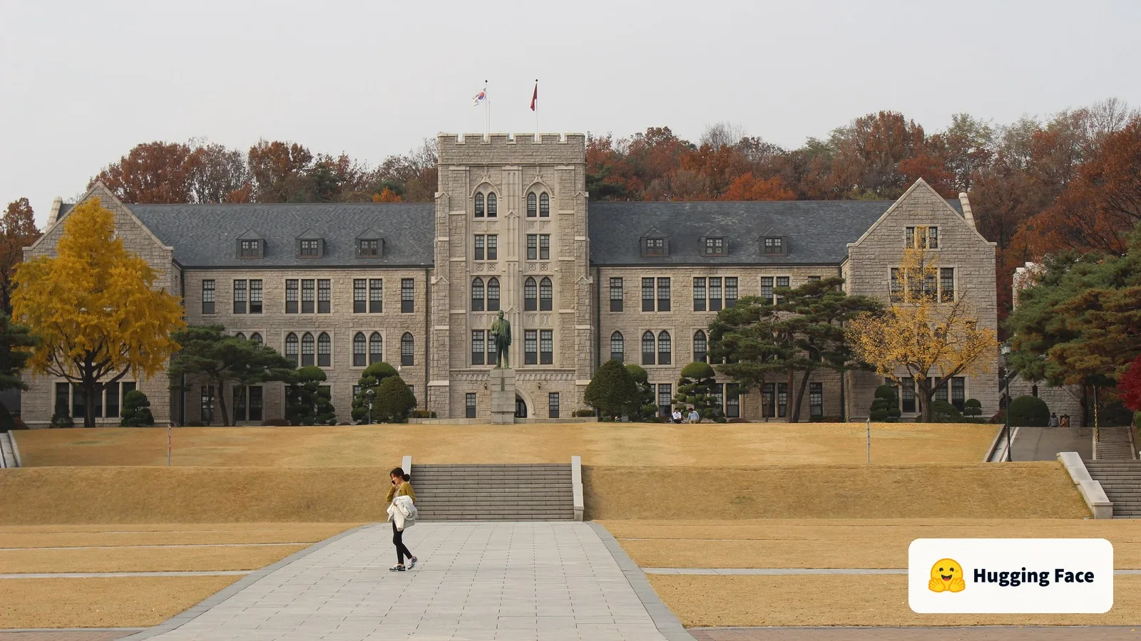 Korea University's Anam campus in Seoul, with the Hugging Face logo