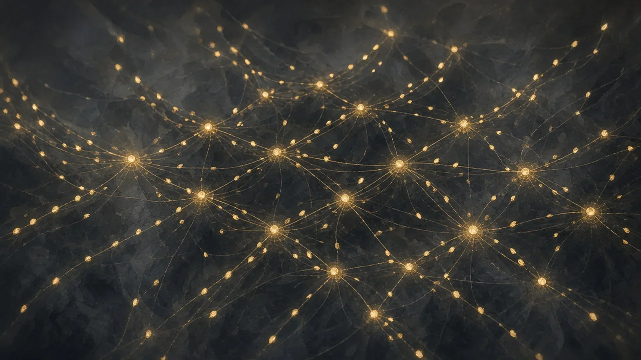 A dark web of glowing golden points linked by thin threads, like a network of messages