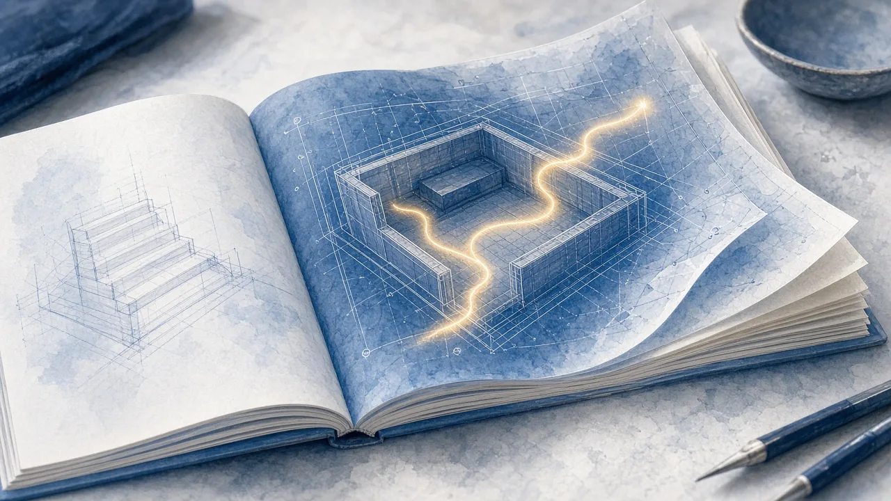 An open notebook of blueprints showing a sealed box with a glowing escape path