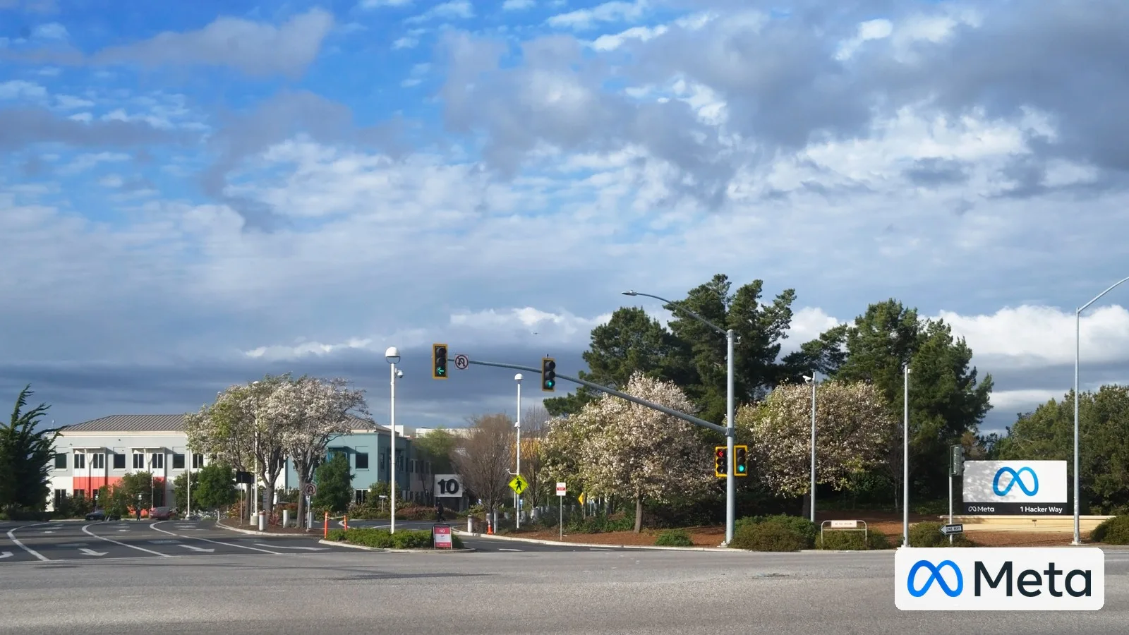 Entrance to Meta Platforms headquarters in Menlo Park, California, with the Meta logo