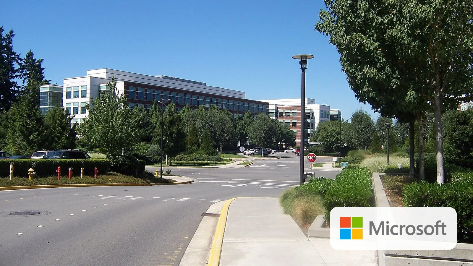 Microsoft's Redmond campus, with the Microsoft logo