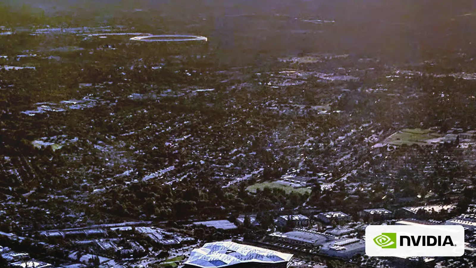 Aerial view of NVIDIA's headquarters campus in Santa Clara, California, with the NVIDIA logo