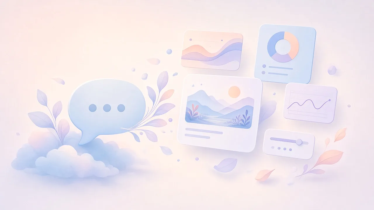 A chat bubble surrounded by floating interface cards with charts and images on a pastel background