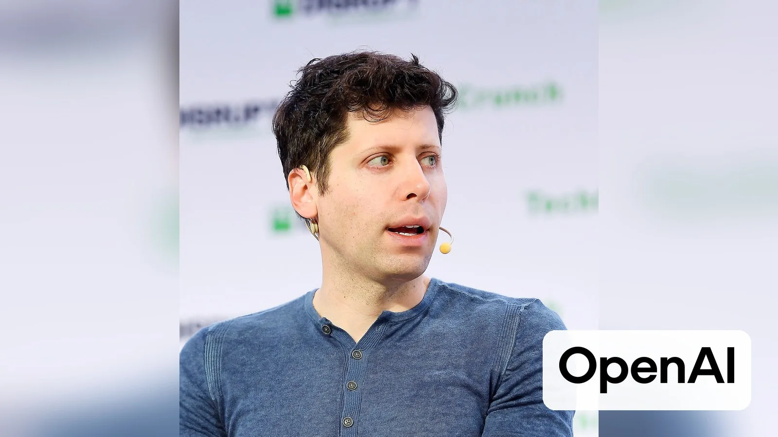OpenAI CEO Sam Altman, with the OpenAI logo