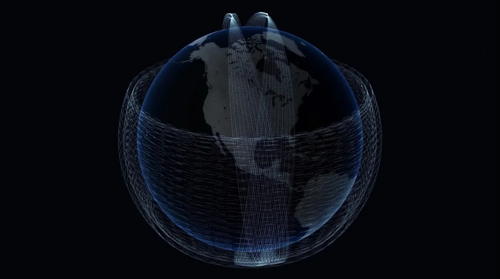 Abstract illustration of rings of small satellites circling a glowing planet