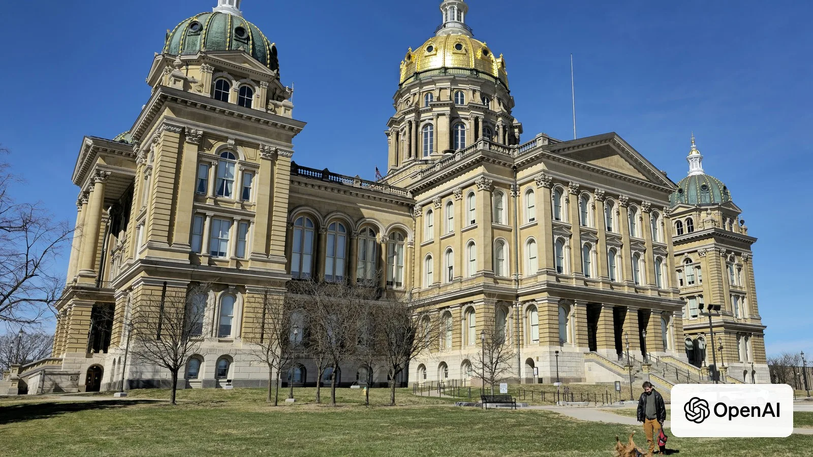 The Iowa State Capitol in Des Moines, with the OpenAI logo