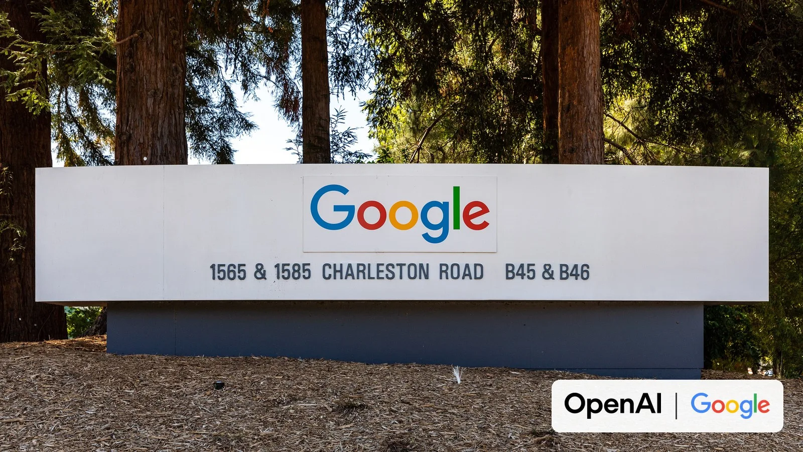 A Google campus sign in Mountain View, California, with the OpenAI and Google logos